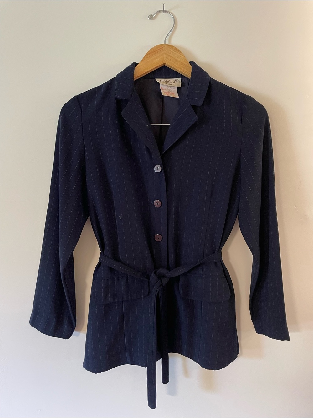 Navy Pinstripe Belted Blazer Jacket
